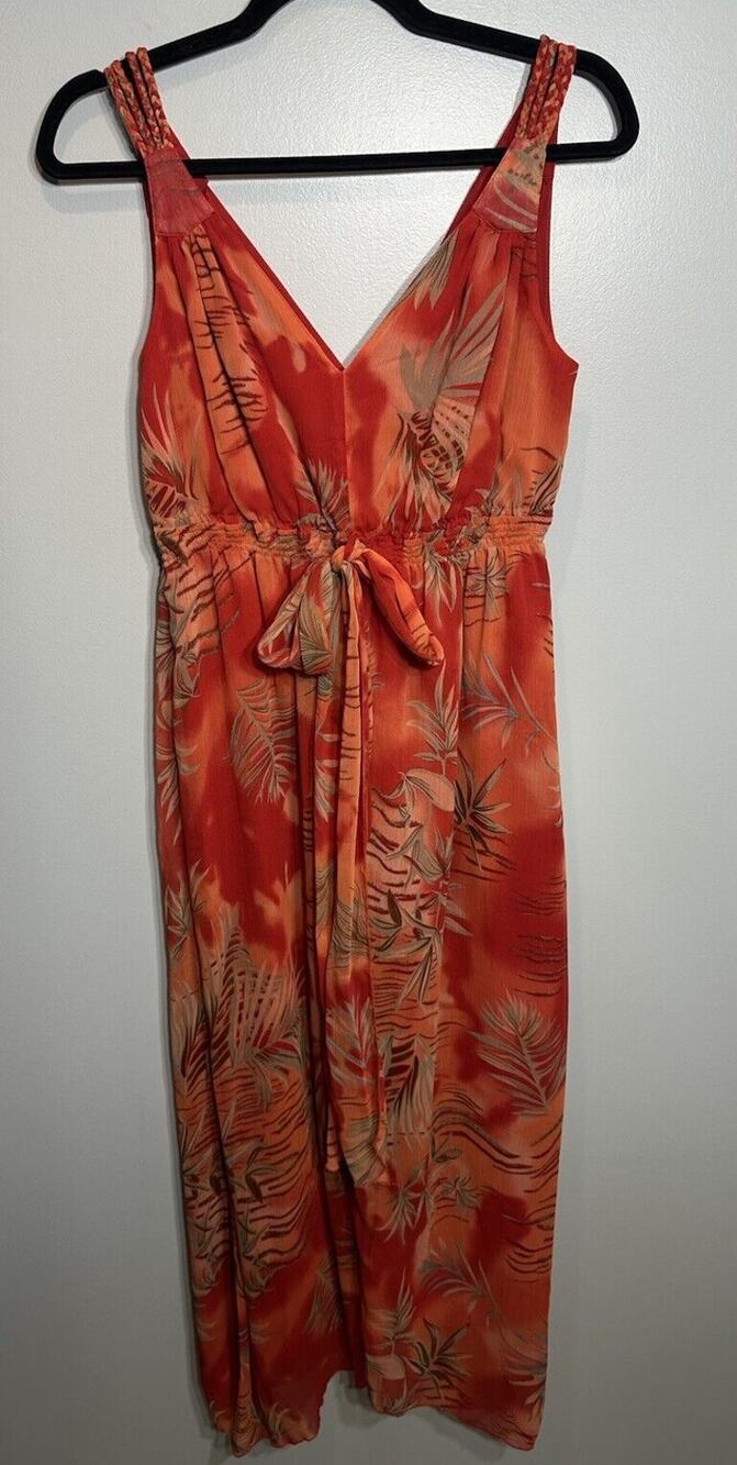 LINEA DOMANI Dress Orange-Red Hawaiian Resort Maxi V-neck Sleeveless Size 10